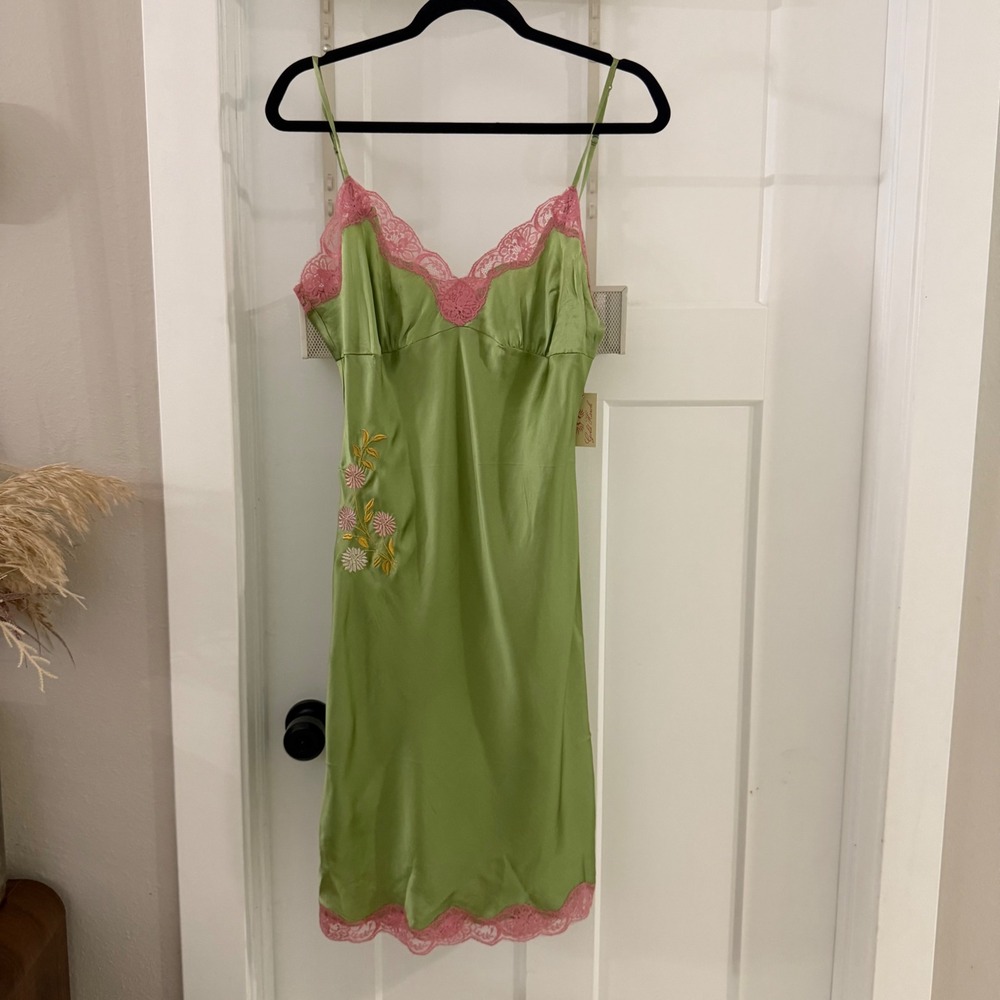 Gold Hawk Silk Slip Dress Green Pink Lace Floral M NWT Y2K style Fairy Coquette